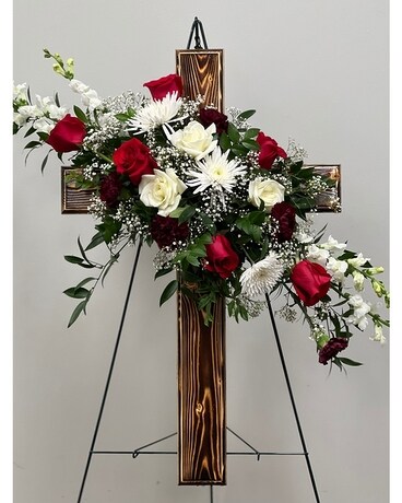 Keepsake Wooden Cross with red and white Funeral Arrangement