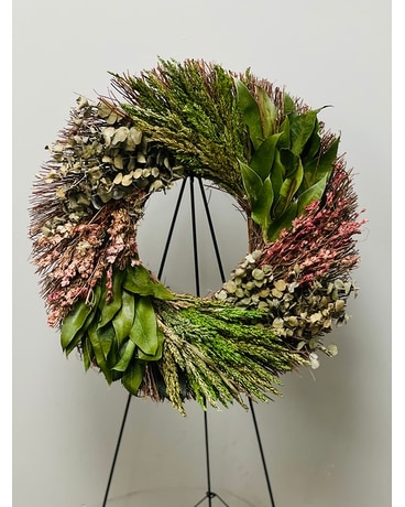 Dried Farmhouse Wreath on Easel Flower Arrangement