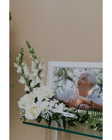 Pearlescent Portrait Corner Piece Funeral Arrangement