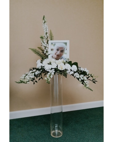 Pearlescent Portrait Pedestal Arrangement Funeral Arrangement