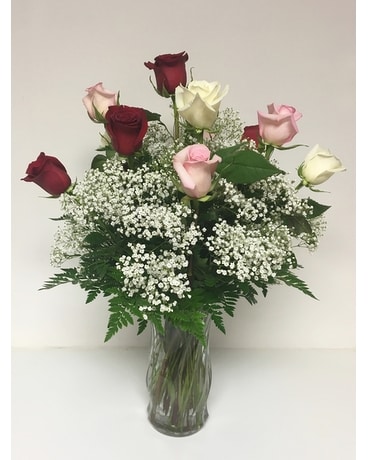 Mixed Dozen Roses Flower Arrangement