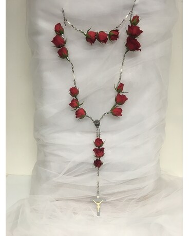 Memorial Rosary with Red Roses Funeral Arrangement