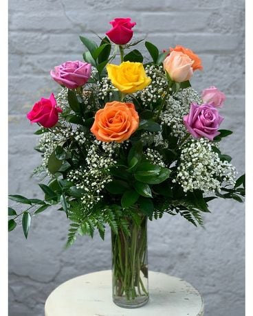 Colorful Dozen Roses Flower Arrangement