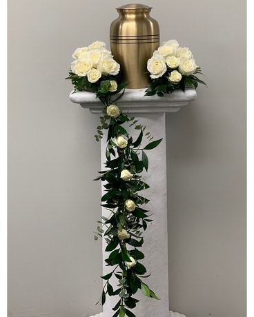 Ring of White Roses Memorial Urn Arrangement Funeral Arrangement