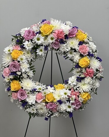 Palatial Pastel Wreath Funeral Arrangement