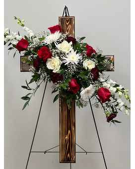 Keepsake Wooden Cross with red and white Funeral Arrangement