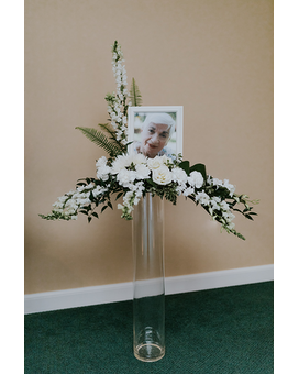 Pearlescent Portrait Pedestal Arrangement Funeral Arrangement