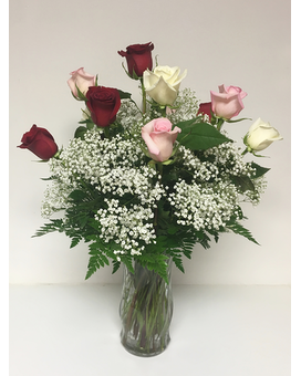 Mixed Dozen Roses Flower Arrangement