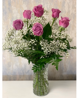 6 Lavender Roses with Baby's Breath Flower Arrangement