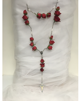 Memorial Rosary with Red Roses Funeral Arrangement