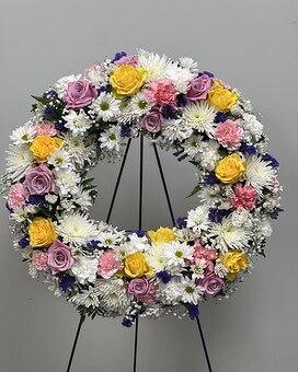 Palatial Pastel Wreath Funeral Arrangement