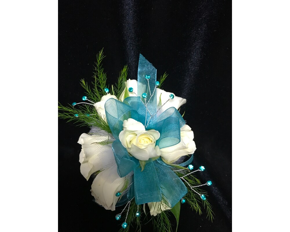 White Spray Roses w/Teal Ribbon in Waukesha WI - Flowers by Cammy
