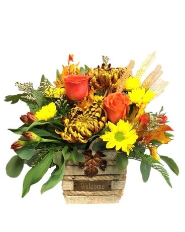 Wooden Welcome Pumpkin Flower Arrangement