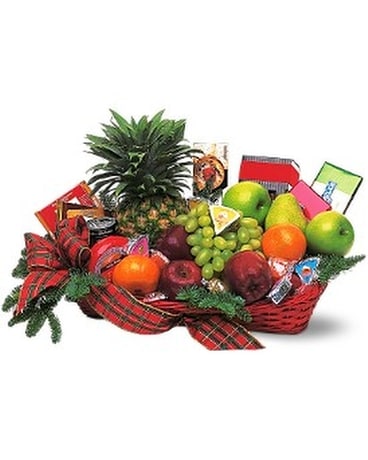 Fruit and Gourmet Basket Flower Arrangement
