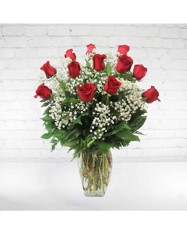 Classic Dozen Roses with Baby Breath Flower Arrangement