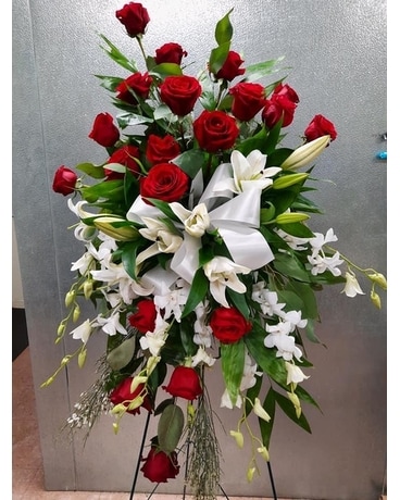 Red Rose, White Lilly, Orchid Spray Flower Arrangement