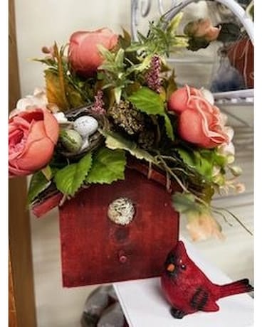 Wooden birdhouse/ Silk flower arrangement Specialty Arrangement