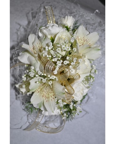 mini carnation and alstomeria wristlet Flower Arrangement