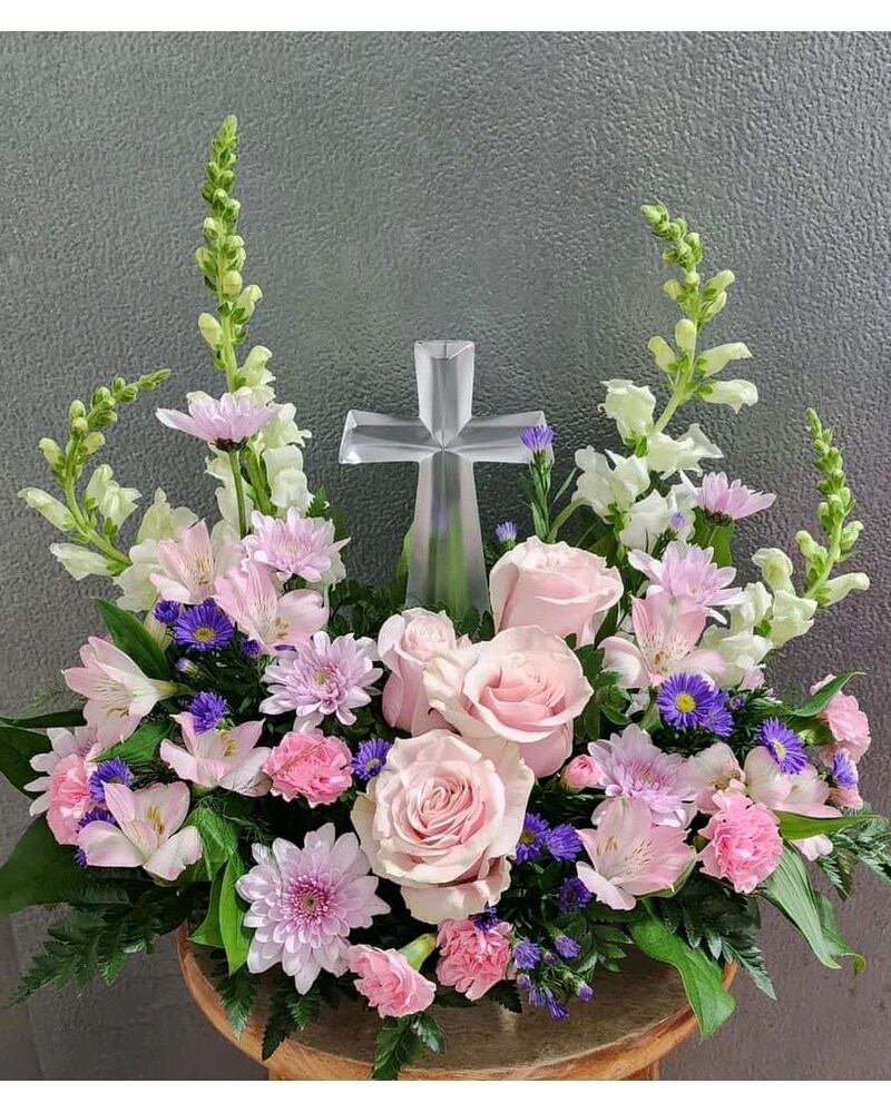 Crystal Cross with Pink Adorning Florals in Salisbury MD Crystal Cross with Pink Adorning Florals in Salisbury MD