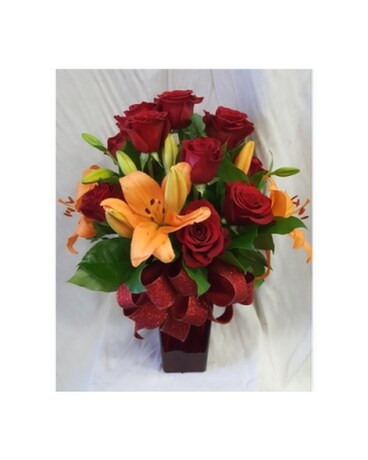 Rose and Lily Vase - Red and Orange