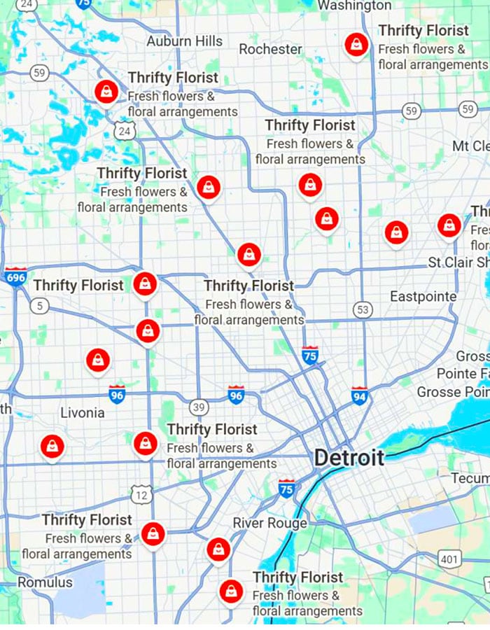 Map of Thrifty Florist shop locations across the Detroit area