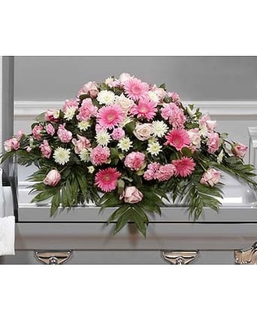 White and Pink Posey Casket Cover in Southfield MI - Thrifty Florist