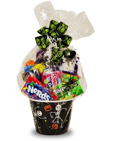Skeleton and Spider Sweets Bucket Basket Arrangement