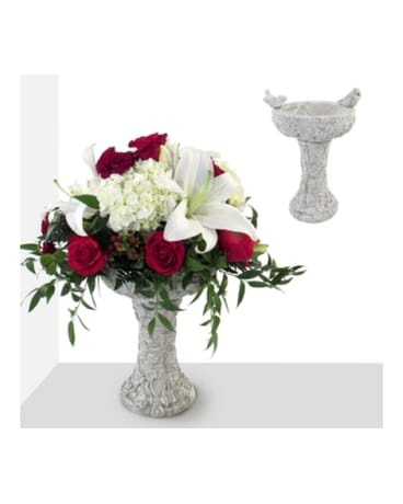 Eye on the Sparrow Bird Bath Flower Arrangement