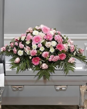 White and Pink Posey Casket Cover in Southfield MI - Thrifty Florist