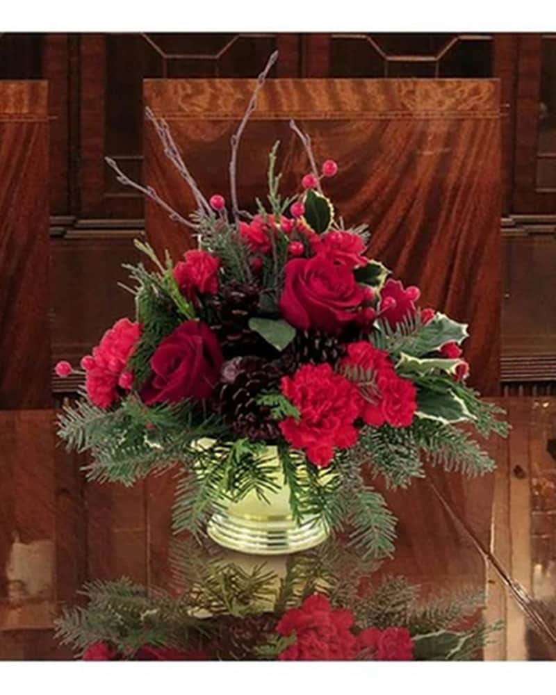 Gold Bowl Christmas Centerpiece Flower Arrangement