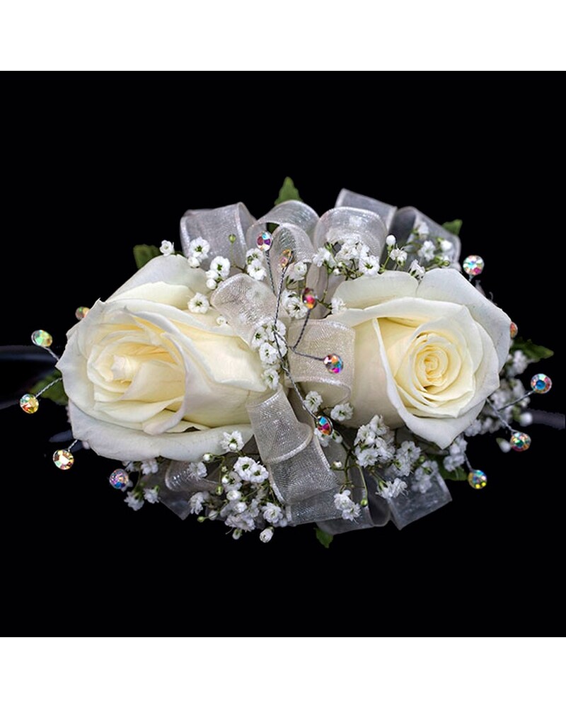 2 Rose Wrist Corsage, Iridescent Rhinestone Sprays in Southfield