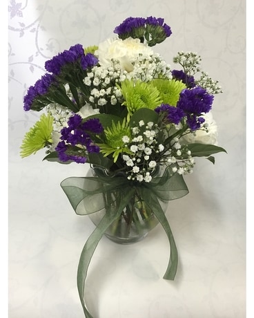 Pee Vase Of Green Purple And White In Philadelphia Pa Pee Vase Of Green Purple And White Flower Arrangement