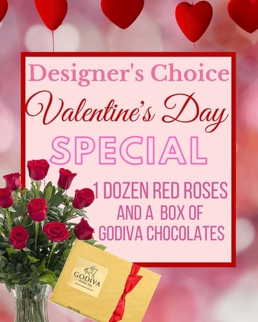 Valentine's Special Roses & Godiva Chocolate Flower Arrangement