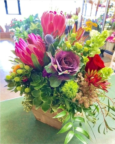 Tropical Wooden Box Flower Arrangement