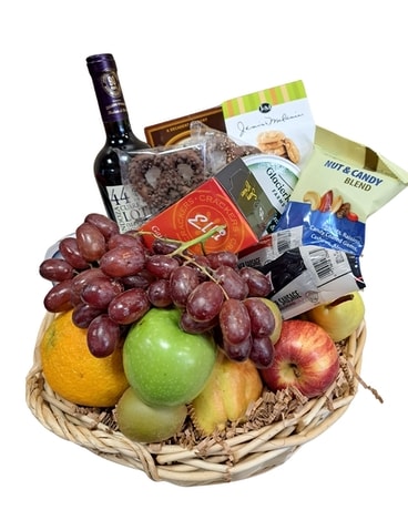 Standard Wine and Gourmet Basket Flower Arrangement