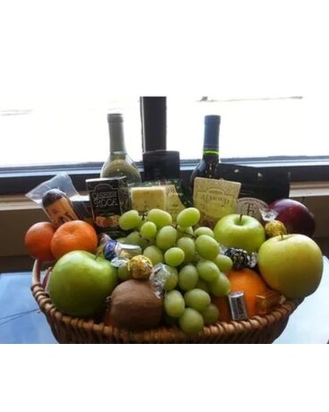 Wine & Gourmet Basket Flower Arrangement