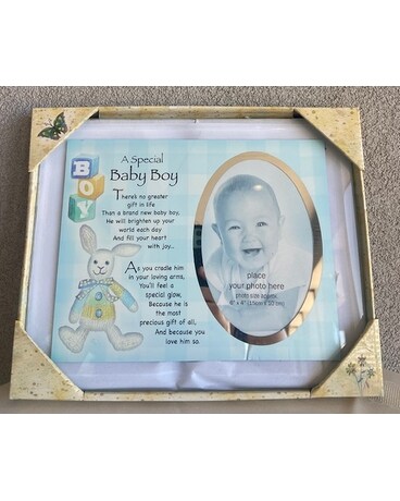 Adorable New Baby Boy Photo Frame Flower Arrangement
