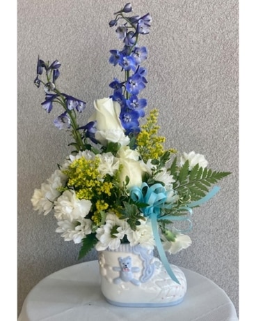 Bouncing Baby Boy Bootie Bouquet Flower Arrangement
