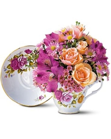 Pink Roses Teacup Bouquet Flower Arrangement
