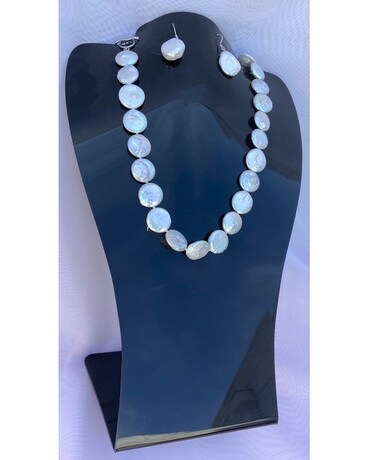 Stunning White Flat Pearl Necklace and Earring Set Flower Arrangement