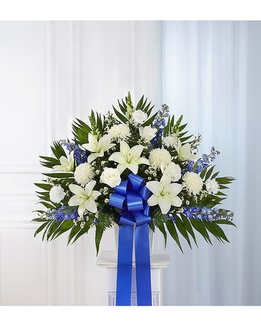 Heartfelt Sympathies Standing Basket Blue White In Palm Coast Fl Heartfelt Sympathies Standing Basket Blue White Flower Arrangement