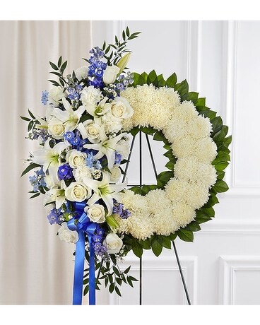 Serene Blessings Standing Spray Blue White In Palm Coast Fl Serene Blessings Standing Spray Blue White Flower Arrangement