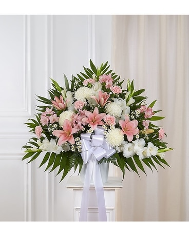 Heartfelt Sympathies Standing Basket Pink White In Palm Coast Fl Heartfelt Sympathies Standing Basket Pink White Flower Arrangement