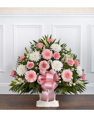 Heartfelt Tribute Floor Basket Pink White In Palm Coast Fl Heartfelt Tribute Floor Basket Pink White Flower Arrangement
