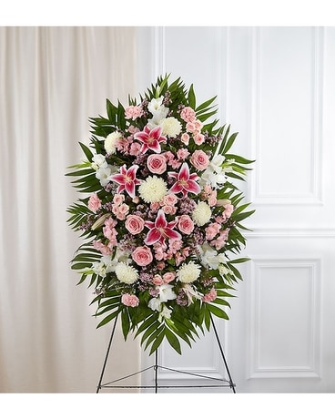 Pink White Sympathy Standing Spray In Palm Coast Fl Garden Of Eden Pink White Sympathy Standing Spray Flower Arrangement