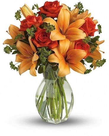Fiery Lily and Rose Flower Arrangement