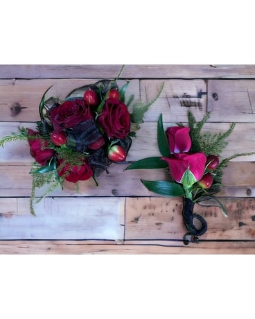 Red & Black - Corsage & Bout. Flower Arrangement