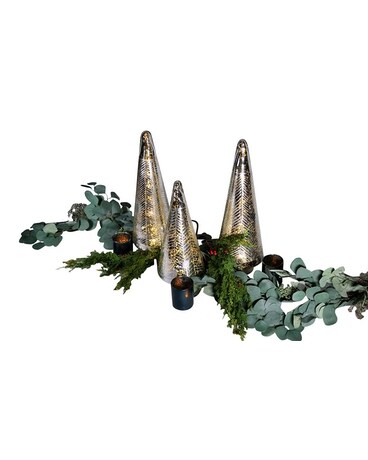 Magical Tree Mantel Setting, LED Flower Arrangement