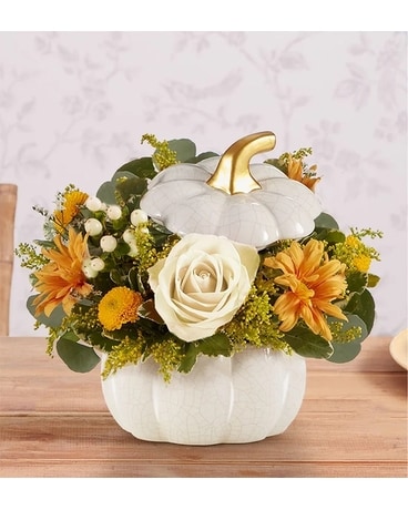 Plentiful White Pumpkin Flower Arrangement