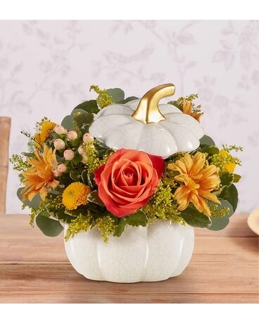 Autumn White Pumpkin Flower Arrangement